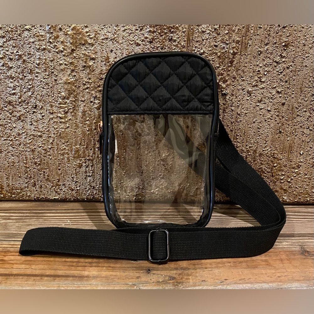 Clear & Black Quilted Crossbody Bag With Rose Gold Tone Zipper (4.25” X 7.5”) - Picture 2 of 16